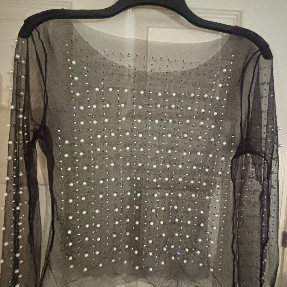 Sheer Black Embellished Long-Sleeve Top